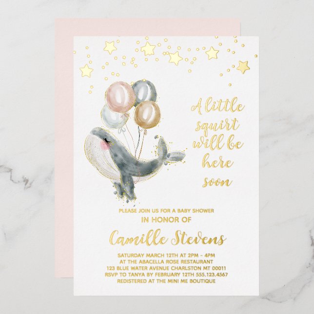 Nautical Whale Watercolor Baby Shower Girl Foil Invitation (Front/Back)