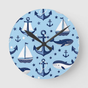 Nautical Whales Anchors Sailboats Pattern Round Clock
