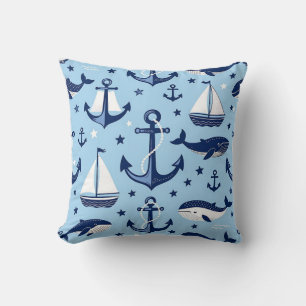 Nautical Whales Anchors Sailboats Pattern Throw Pillow