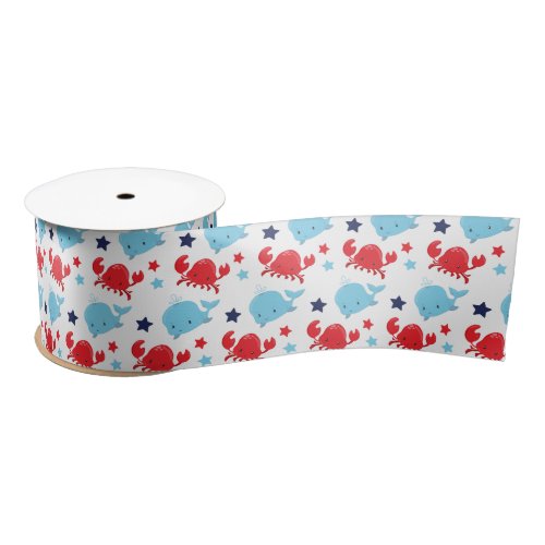 Nautical Whales and Crabs Pattern Satin Ribbon