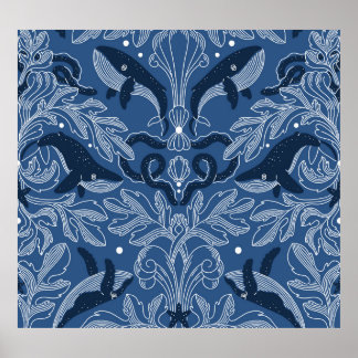 Nautical whales, damask texture pattern. poster