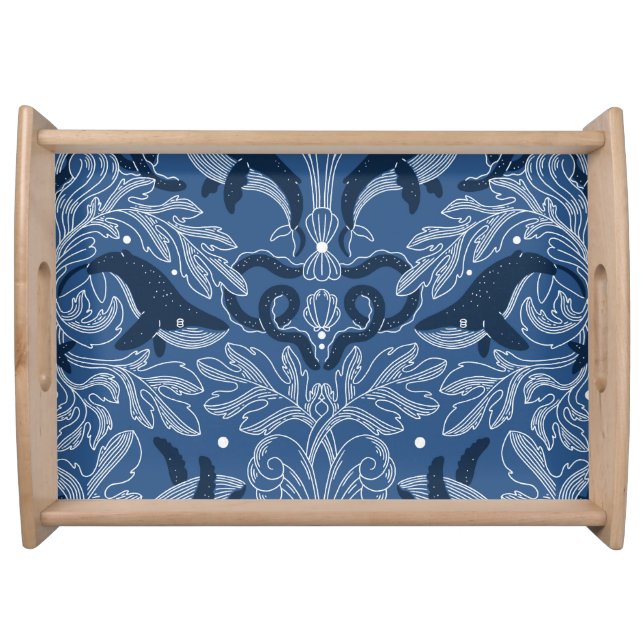 Nautical whales, damask texture pattern. serving tray (Front)