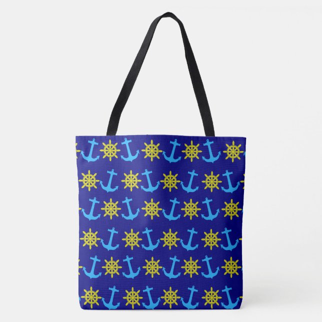 Nautical wheel and Anchor Pattern Fun Beach Tote Bag (Front)