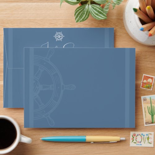 Nautical Wheel Dusty Blue Return Address Envelope