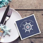 Nautical Wheel Navy Blue Bridal Shower Paper Napkins<br><div class="desc">Nautical theme bridal shower,  wedding or special occasion paper napkins featuring navy blue stripes,  boat wheel with curve font.</div>