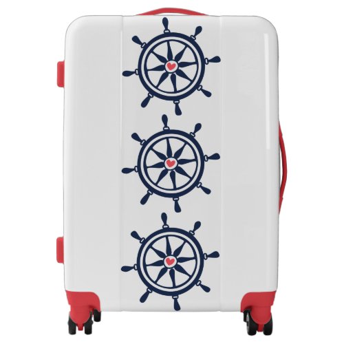 Nautical Wheel Navy Blue Heart Luggage