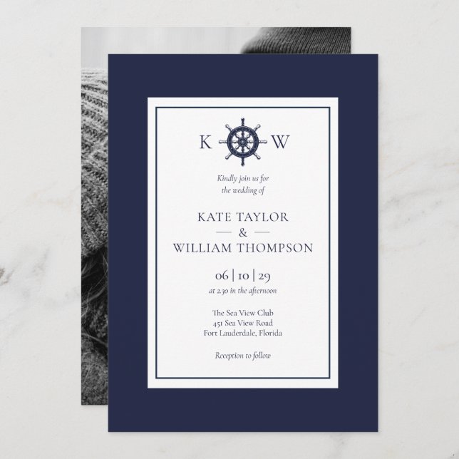 Nautical Wheel Navy Blue Monogram Wedding Photo  Invitation (Front/Back)