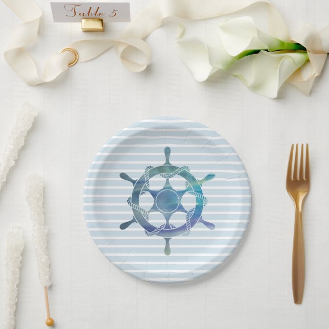 Nautical Wheel Ocean Blue Stripe Ship Paper Plates (Wedding)