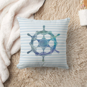 Nautical Wheel Ocean Blue Stripe Ship Throw Pillow