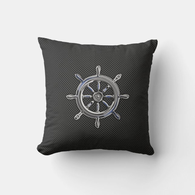 Nautical Wheel on Carbon Fiber Decor Throw Pillow (Front)