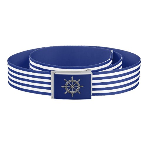 Nautical Wheel on Navy Blue Stripes Print Belt