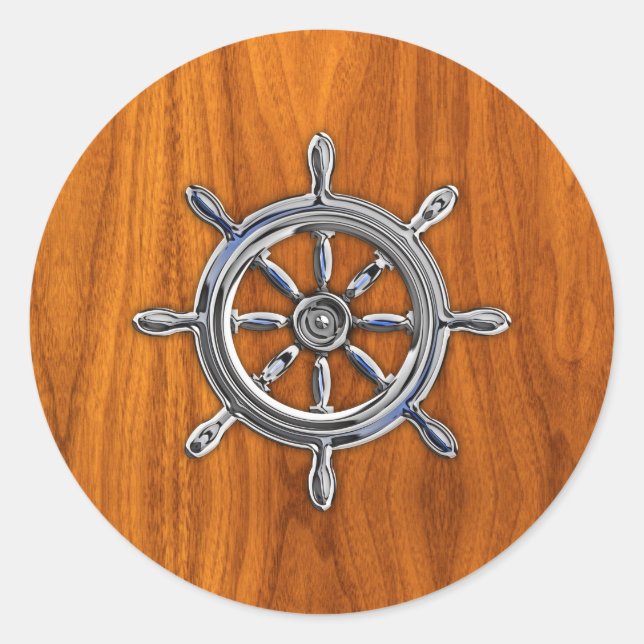 Nautical Wheel on Teak Veneer Classic Round Sticker (Front)