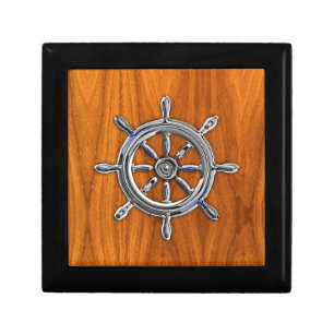Nautical Wheel on Teak Veneer Jewelry Box