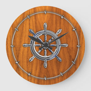 Nautical Wheel on Teak Veneer Large Clock