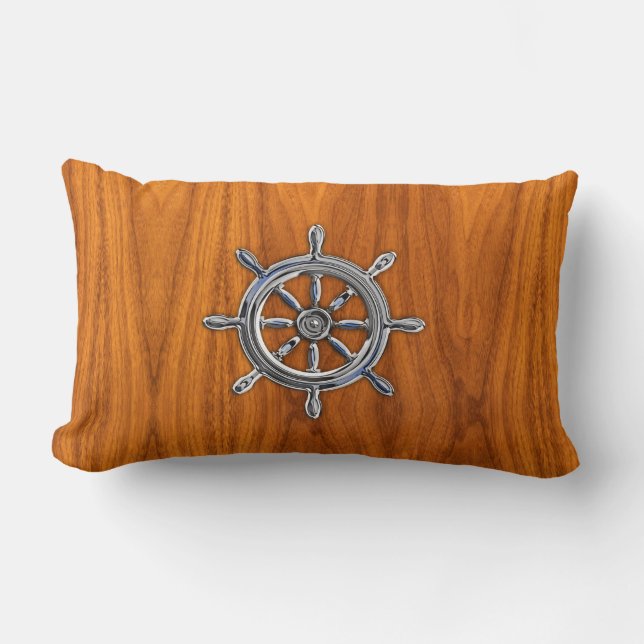 Nautical Wheel on Teak Veneer Lumbar Pillow (Front)