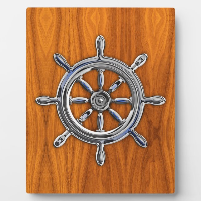 Nautical Wheel on Teak Veneer Plaque (Front)