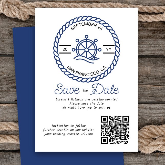 Nautical Wheel QR Code Wedding Save The Date Card (Nautical Wedding Save the Date Card with QR Code)