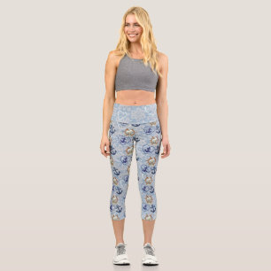 Nautical Wheel Ship Anchor Sea Sober Print Blue  Capri Leggings