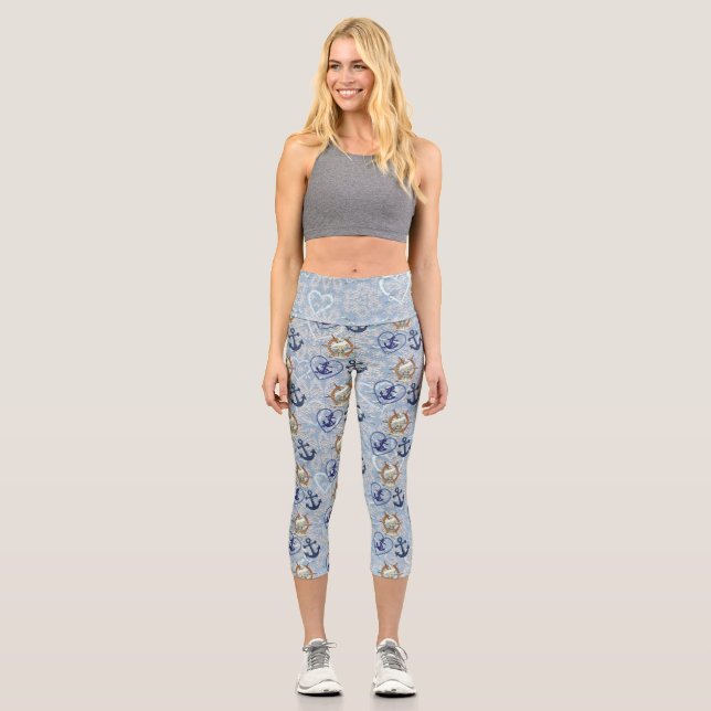 Nautical Wheel Ship Anchor Sea Sober Print Blue  Capri Leggings (Front)