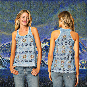 Nautical Wheel Ship Anchor Sea Sober Print Blue Tank Top