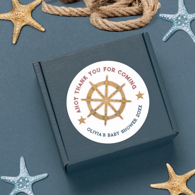 Nautical Wheel Thank you Baby shower Classic Round Sticker (Creator Uploaded)