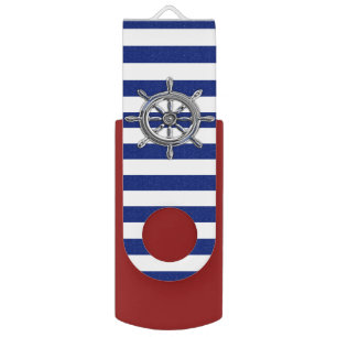 Nautical Wheel Theme on Blue Stripes Design USB Flash Drive
