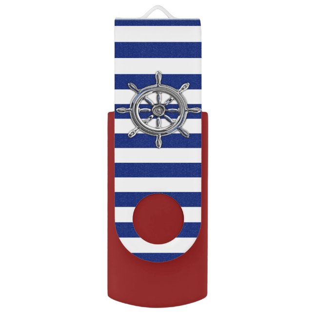 Nautical Wheel Theme on Blue Stripes Design USB Flash Drive (Front Vertical)