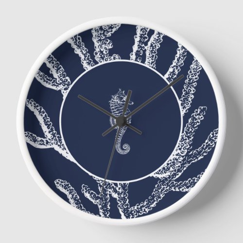 Nautical Whispers Blue and White Seahorse  Coral Clock