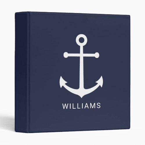 Nautical White Anchor and Custom Name on Navy Blue 3 Ring Binder