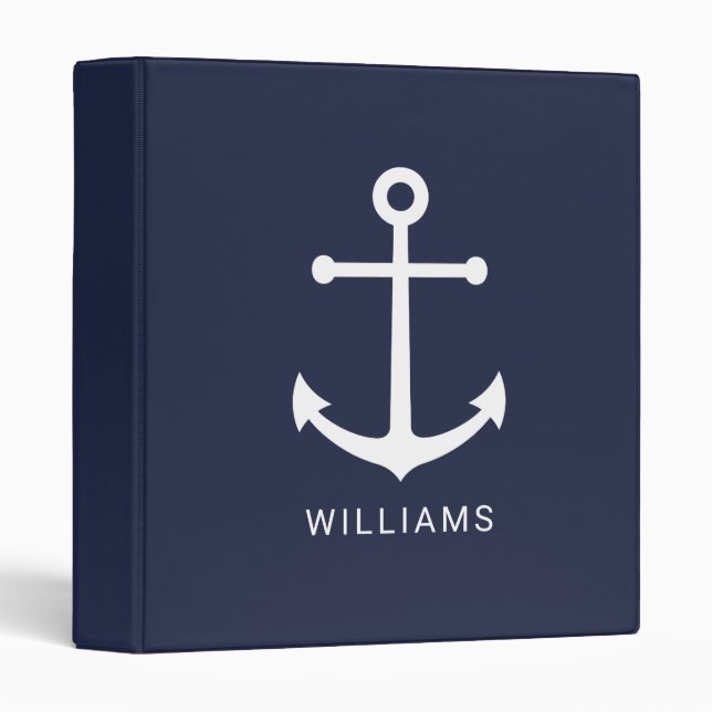 Nautical White Anchor and Custom Name on Navy Blue 3 Ring Binder (Front/Spine)