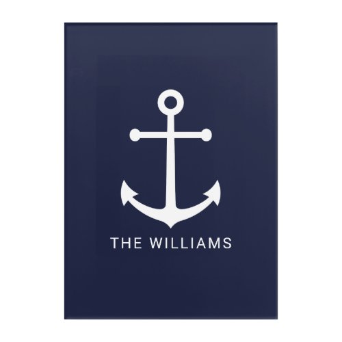 Nautical White Anchor and Custom Name on Navy Blue Acrylic Print