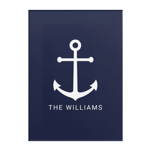 Nautical White Anchor and Custom Name on Navy Blue Acrylic Print (Front)