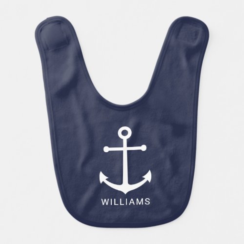 Nautical White Anchor and Custom Name on Navy Blue Baby Bib