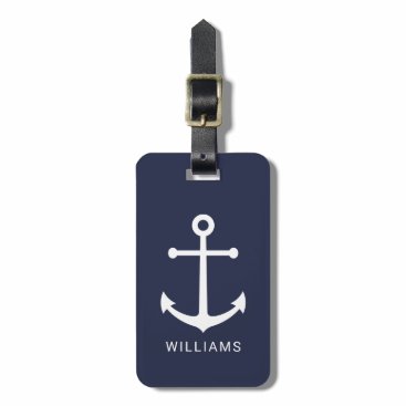 Nautical White Anchor and Custom Name on Navy Blue Bag Tag Nautical White Anchor and Custom Name on Navy Blue Bag Tag