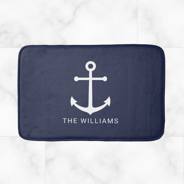 Nautical White Anchor and Custom Name on Navy Blue Bath Mat (Creator Uploaded)