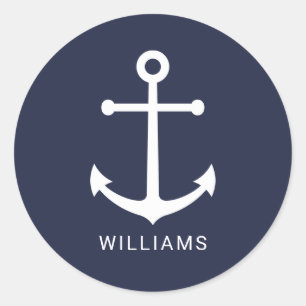 Nautical White Anchor and Custom Name on Navy Blue Classic Round Sticker