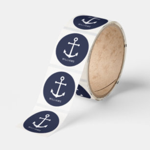 Nautical White Anchor and Custom Name on Navy Blue Classic Round Sticker