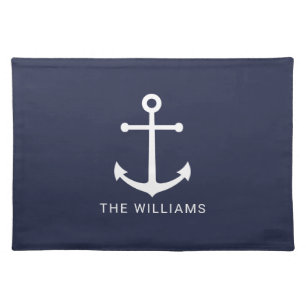 Nautical White Anchor and Custom Name on Navy Blue Cloth Placemat