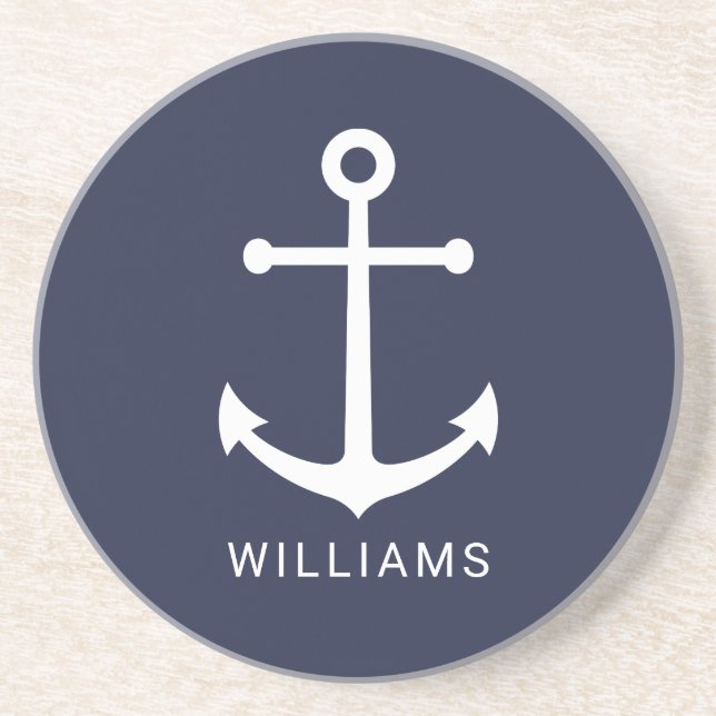 Nautical White Anchor and Custom Name on Navy Blue Coaster (Front)