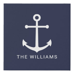 Nautical White Anchor and Custom Name on Navy Blue Faux Canvas Print