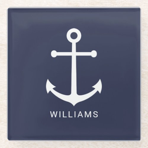 Nautical White Anchor and Custom Name on Navy Blue Glass Coaster