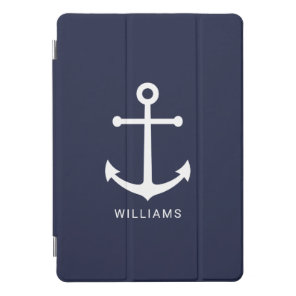 Nautical White Anchor and Custom Name on Navy Blue iPad Pro Cover