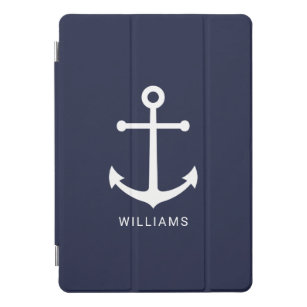 Nautical White Anchor and Custom Name on Navy Blue iPad Pro Cover