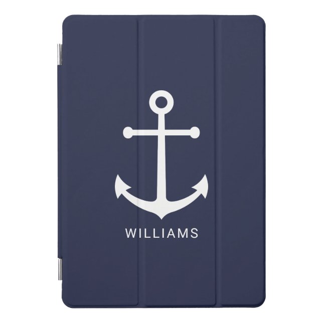 Nautical White Anchor and Custom Name on Navy Blue iPad Pro Cover (Front)