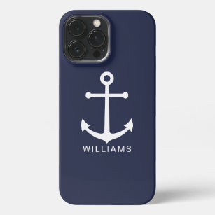 Nautical White Anchor and Custom Name on Navy Blue iPhone 13 Pro Max Case