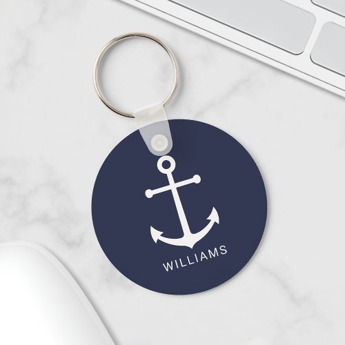 Nautical White Anchor and Custom Name on Navy Blue Keychain
