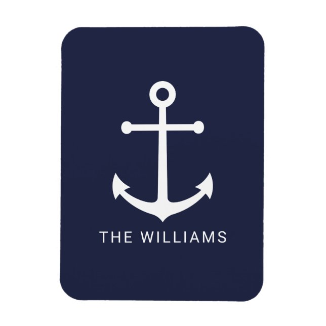 Nautical White Anchor and Custom Name on Navy Blue Magnet (Vertical)