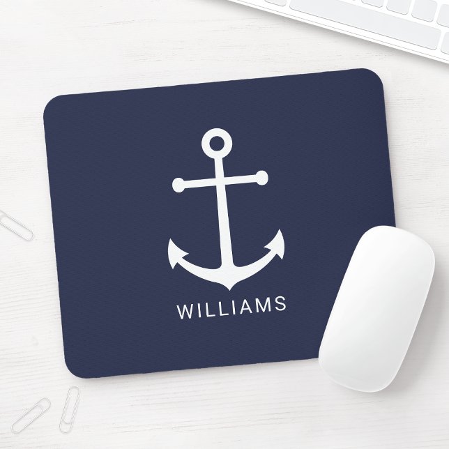 Nautical White Anchor and Custom Name on Navy Blue Mouse Pad (Creator Uploaded)
