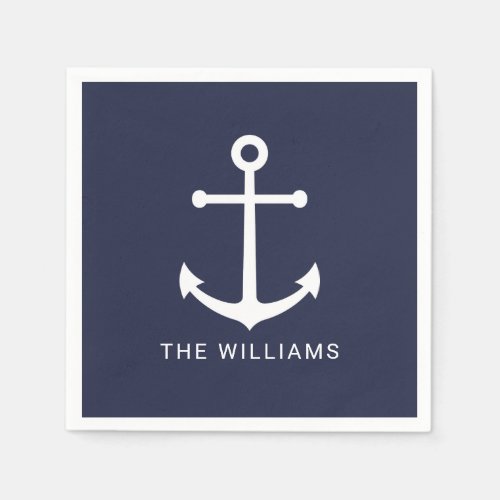 Nautical White Anchor and Custom Name on Navy Blue Napkins