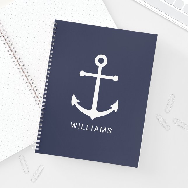 Nautical White Anchor and Custom Name on Navy Blue Notebook (Creator Uploaded)